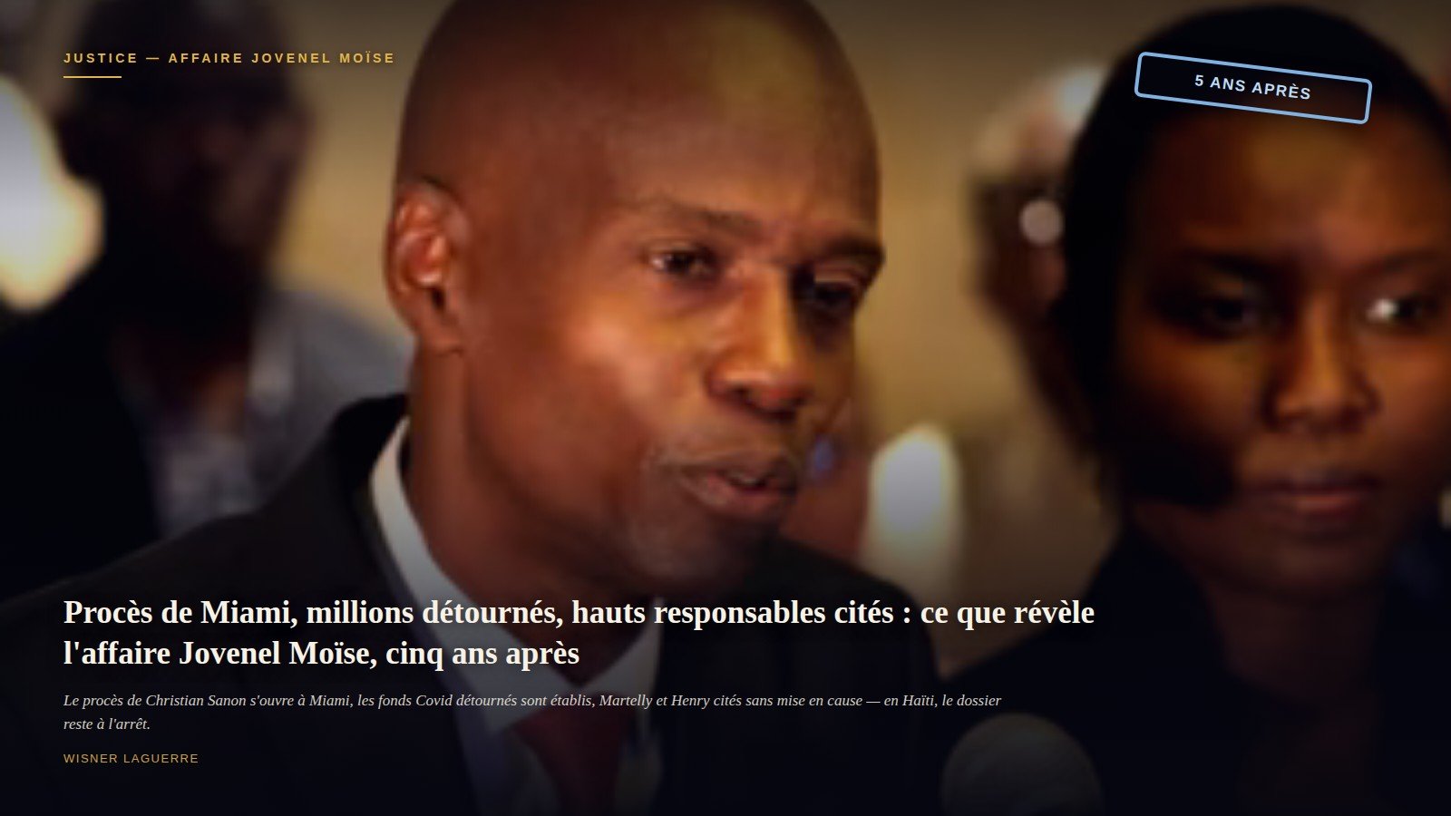Le président Jovenel Moïse s'exprimant à un pupitre lors d'une déclaration publique, son épouse Martine Moïse à ses côtés, quelques mois avant son assassinat.