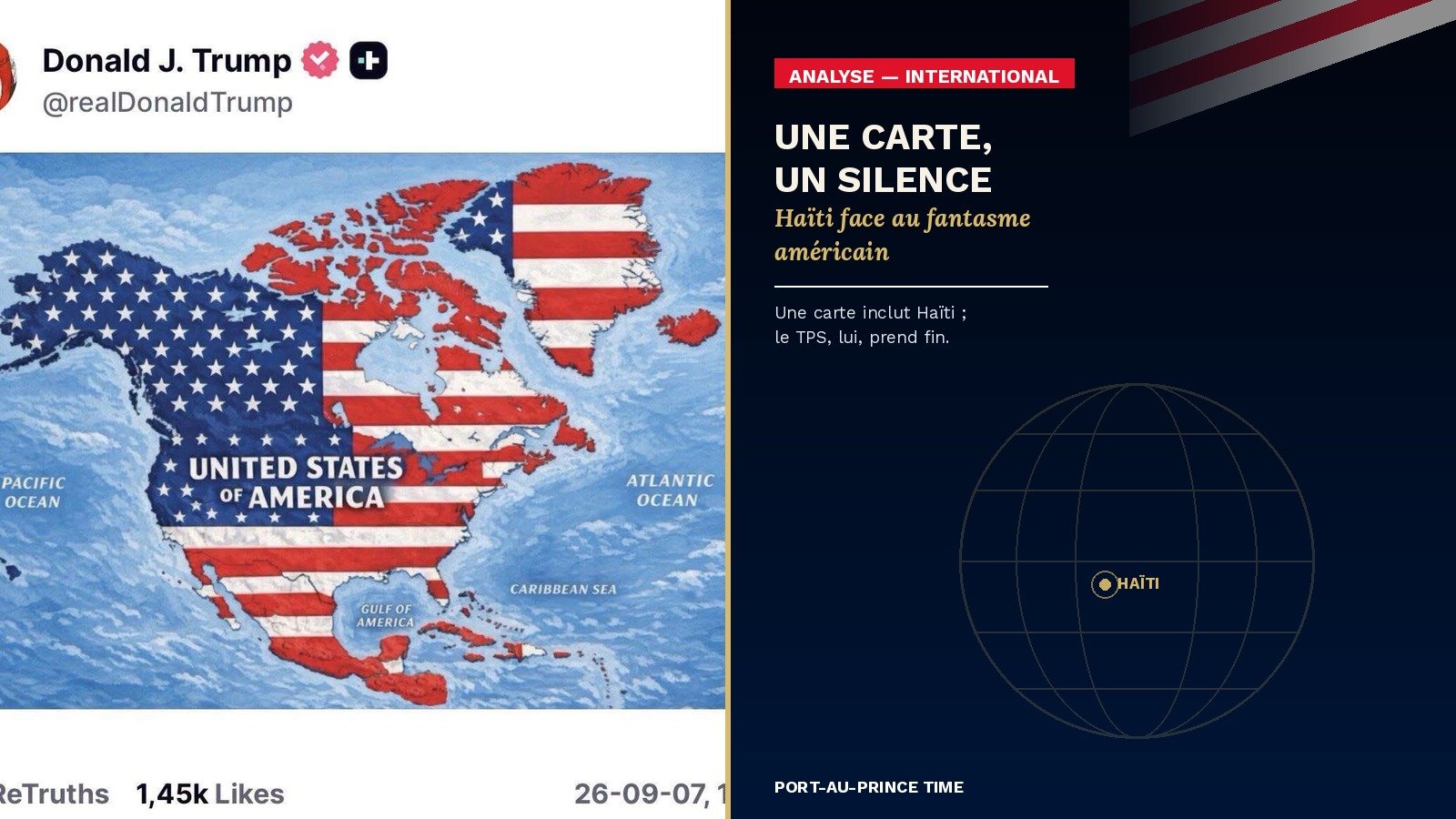 Capture d'une publication de Donald Trump sur Truth Social montrant une carte d'Amérique du Nord aux couleurs du drapeau américain incluant Haïti.