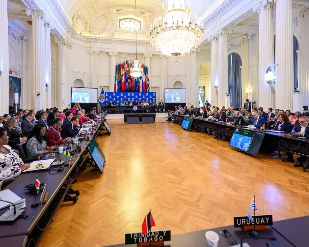 Vue d'ensemble d'une grande salle de réunion hémisphérique, drapeaux des pays des Amériques alignés au fond, délégations assises derrière des pupitres marqués du nom de leur pays, lustres et colonnes à l'arrière-plan.