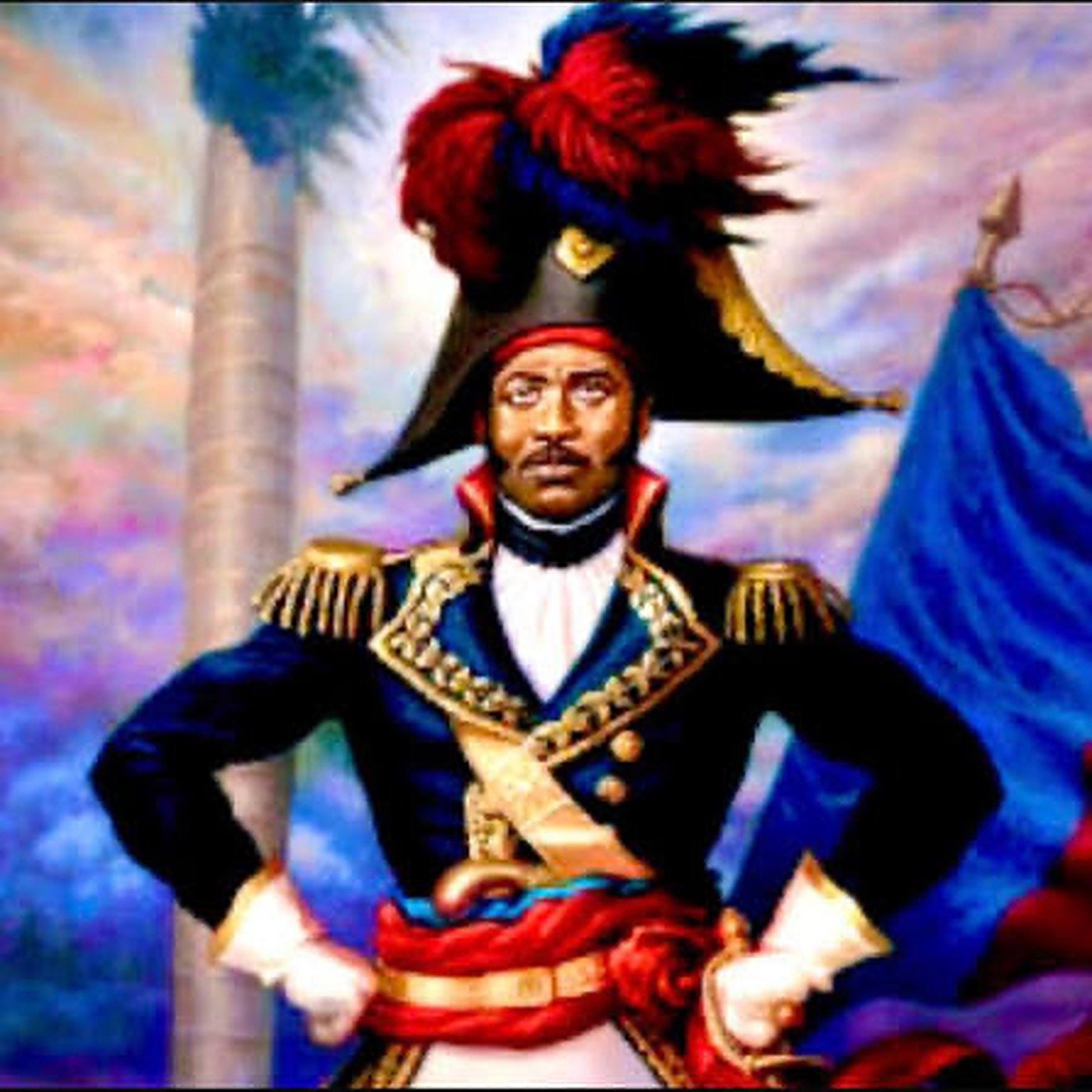 Portrait en pied de Jean-Jacques Dessalines en uniforme militaire d'apparat, bicorne à plumet rouge, épaulettes dorées et écharpe rouge, tenant un drapeau bleu, devant un palmiste.