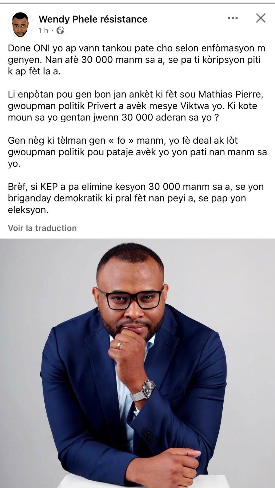Capture d'écran d'une publication Facebook virale dénonçant une fraude présumée dans les listes de 30 000 membres de partis politiques.