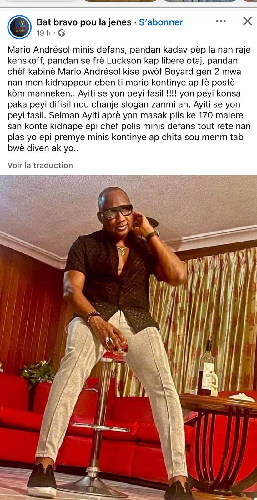 Capture d'écran d'une publication Facebook dénonçant l'inaction des autorités haïtiennes face à la violence.