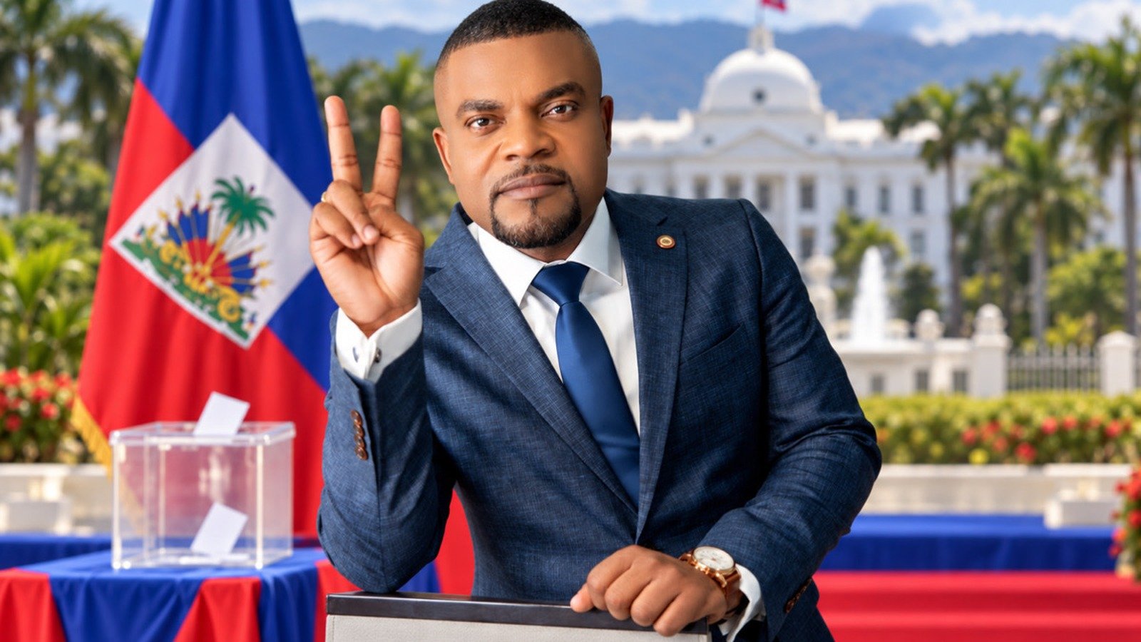 Wilner Joseph, candidat du groupement VIKTWA à la présidentielle haïtienne, faisant le signe de la victoire devant le Palais national.